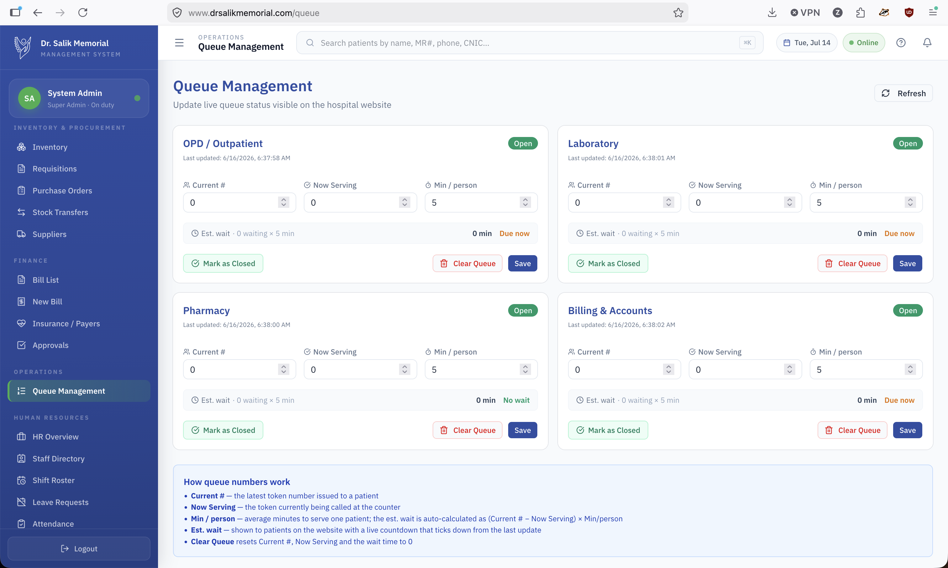 Live queue management per department