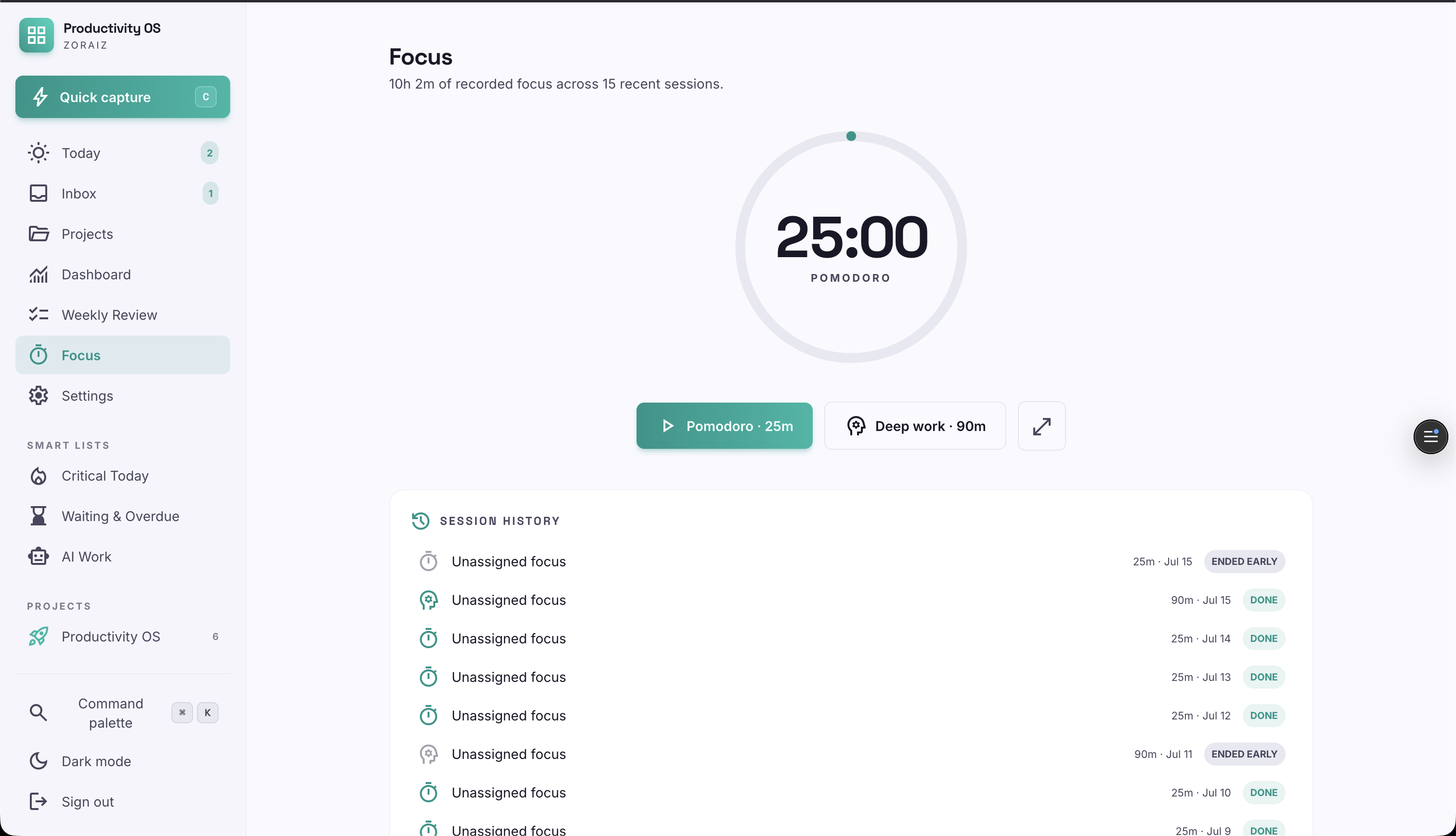 Focus mode — Pomodoro and deep-work sessions